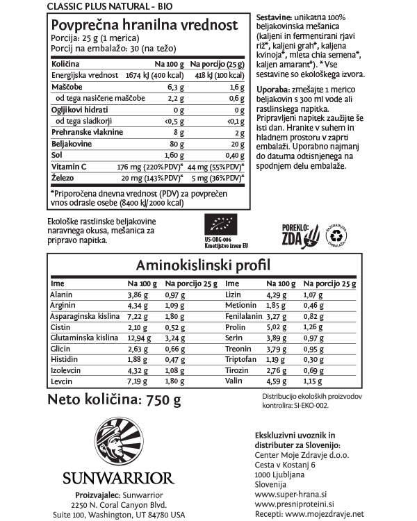 Sunwarrior Classic PLUS rastlinski proteini - Naravni 750 g - deklaracija